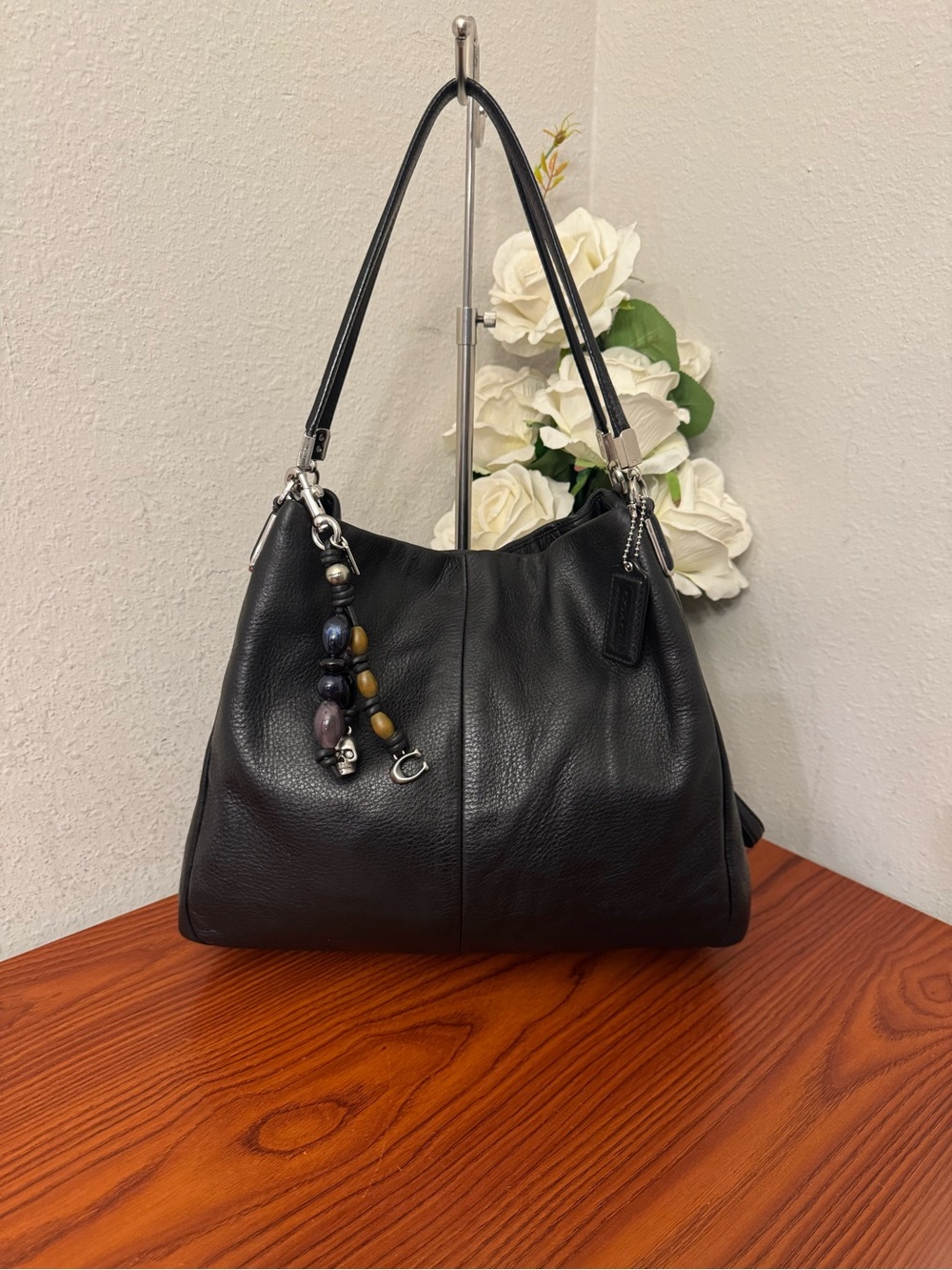 Coach Black Pebbled Leather Shoulder Bag with Beaded Charm